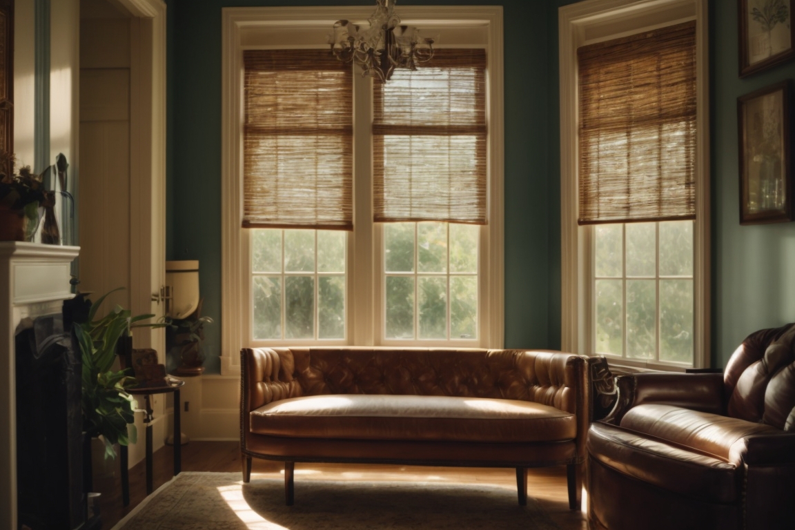 Interior of a cozy New Orleans home with windows showing window film, sunlight filtering through, reducing glare and heat