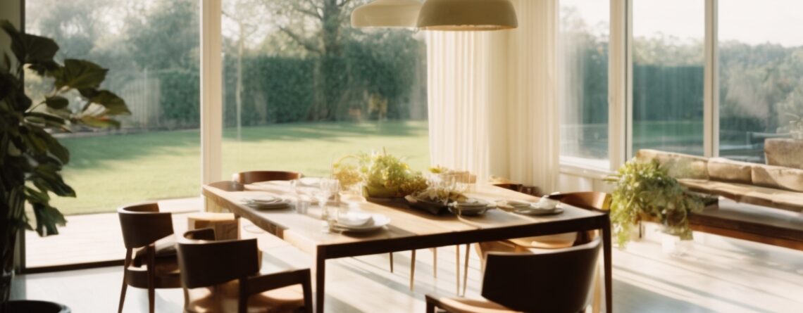 sunlight filtering through modern house windows, furniture slightly faded