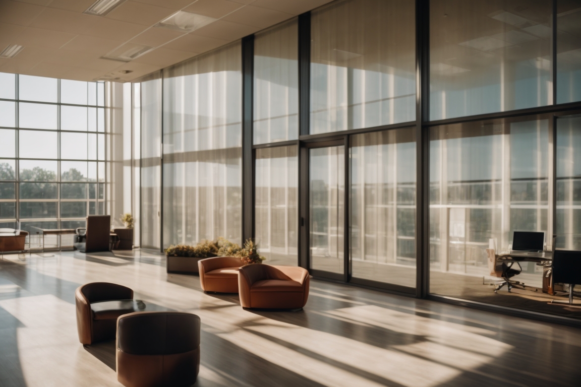 Corporate office in Little Rock with custom window film, bright sunlight outside