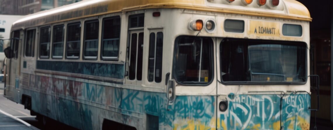 Portland public transit vehicle with graffiti on windows