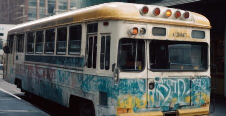 Portland public transit vehicle with graffiti on windows