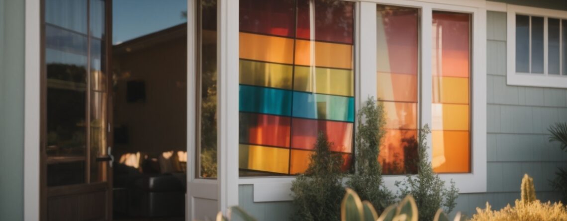 Sacramento home with decorative colorful window film, sunlight filtering through