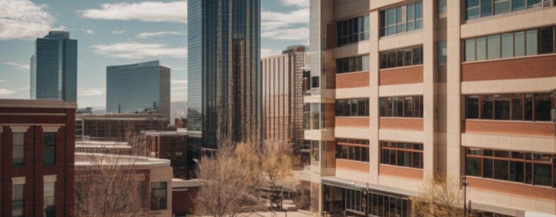 Denver urban landscape with buildings featuring energy-efficient window films, sunny backdrop