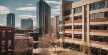 Denver urban landscape with buildings featuring energy-efficient window films, sunny backdrop