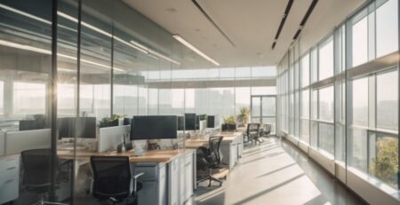 Interior of office with frosted window film, sunlight filtered through, modern furnishings, clear focus on energy-efficient atmosphere