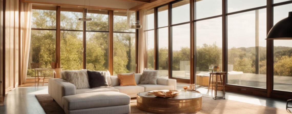 Interior of a sunny room with solar control window film applied, furniture subtly fading