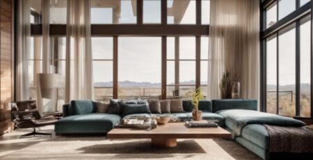 modern living room in Reno home showcasing large windows with energy-efficient window films