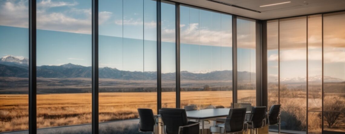 Denver office with decorative window film reflecting landscapes