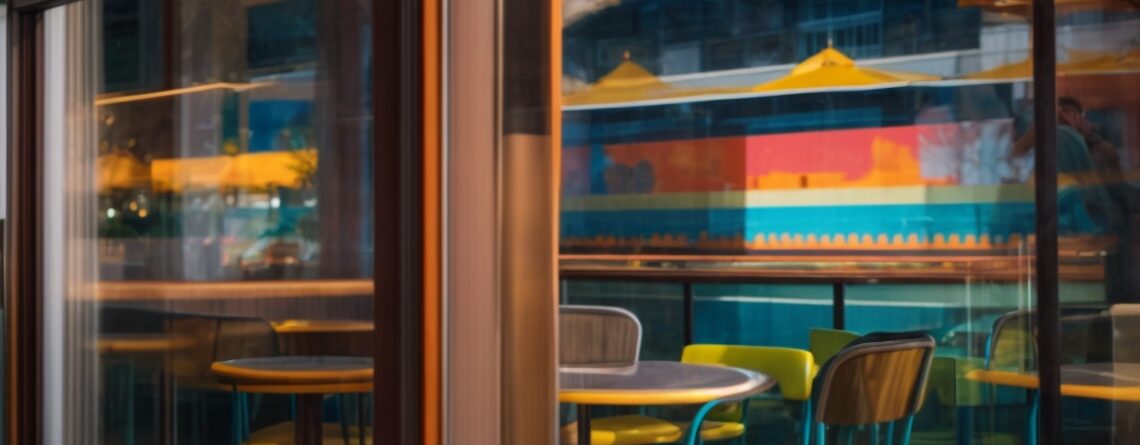 Decorative window film on a Columbus café using vibrant local artwork