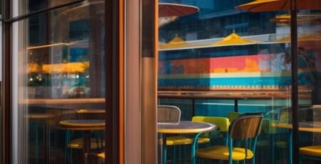Decorative window film on a Columbus café using vibrant local artwork