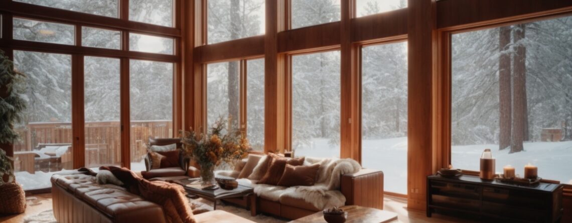 Cozy interior of a Denver home with insulated window film, warm lighting, and snow visible outside