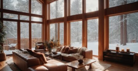 Cozy interior of a Denver home with insulated window film, warm lighting, and snow visible outside