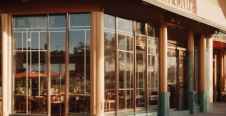 San Jose cafe with decorative window films, soft evening light