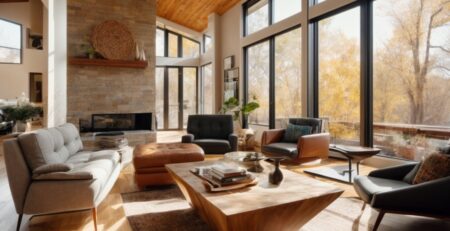Interior of a Boulder home showing windows with energy-saving film, bright sunlight filtered, comfortable modern living room with preserved art and furniture